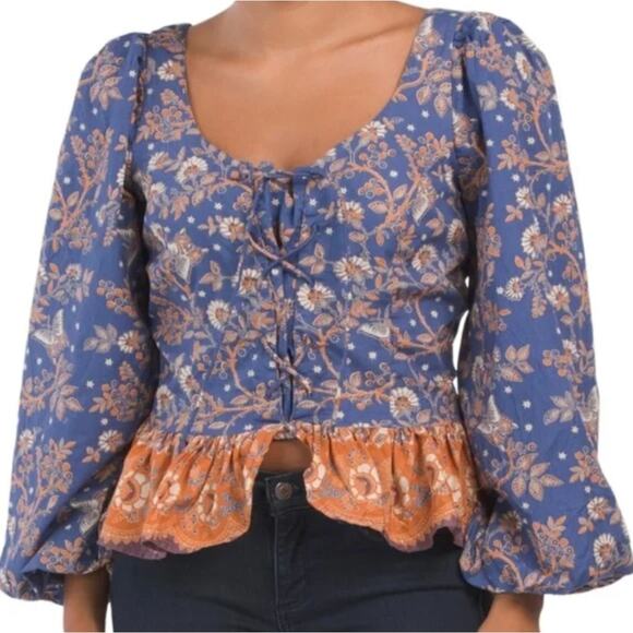 House Of Harlow 1960 NASTASSIA BLUE Lace-Up Long Sleeve Blouse Size Medium - Picture 1 of 8